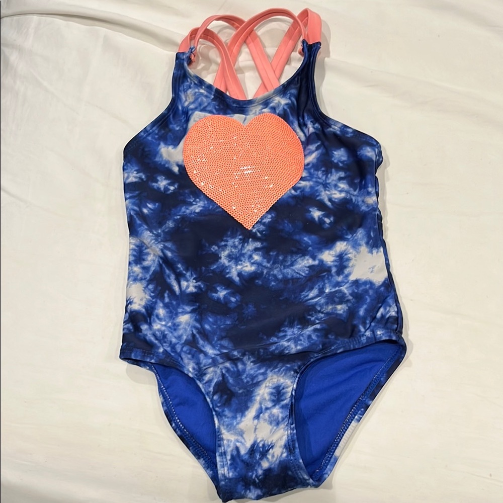 Girls blue tie dye bathing suit pink sequin heart